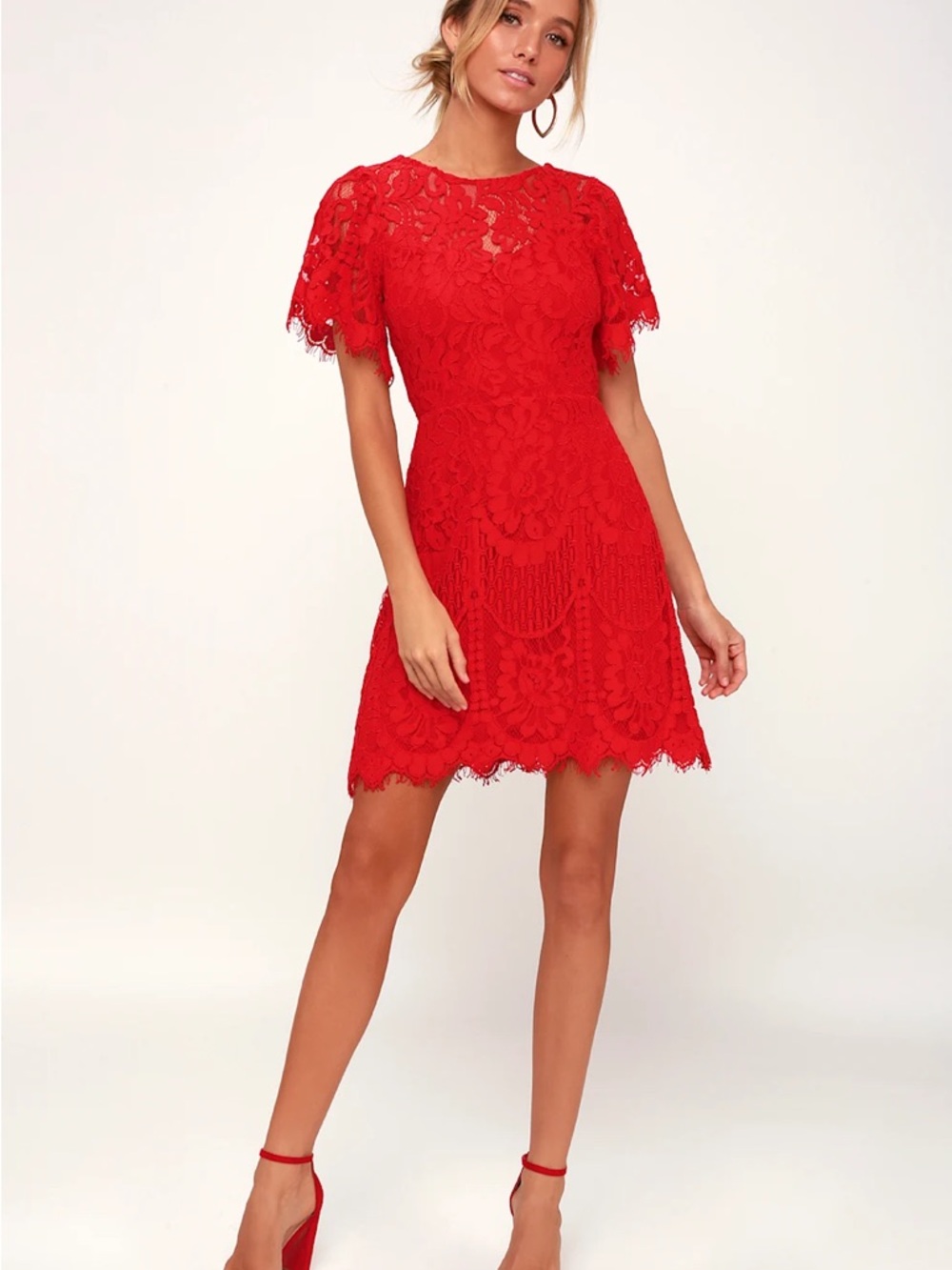 Lulu's Red Lace Fit-and-Flare Midi Dress